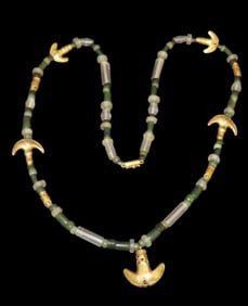 25" Pre-Columbian Necklace, Motley COA, Tumbaga Spacer Beads and Tumi Knife Effigy Pendants, with
