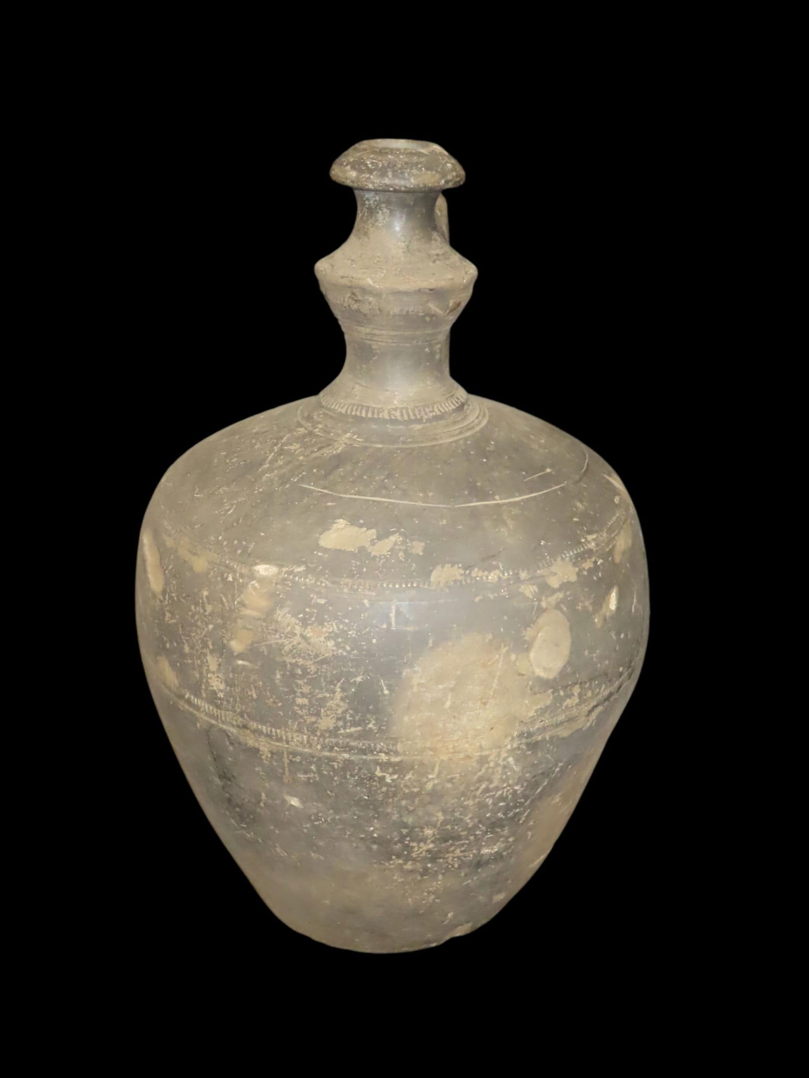 13 1/2" x 8 1/2" Ancient Greek or Roman Amphora Pottery Vessel With Single Handle Narrow Neck And: 13 1/2" x 8 1/2" Ancient Greek or Roman Amphora Pottery Vessel With Single Handle Narrow Neck And Knobbed Top 1200 BCE- 500 BCE