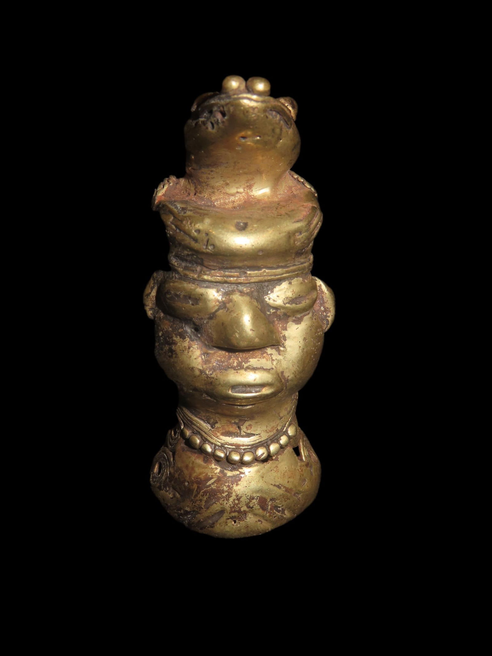 2 3/4" x 1 1/8" Pre-Columbian Tumbaga Figure-Man wearing Alligator Headdress, Motley COA, found in (1 of 8)