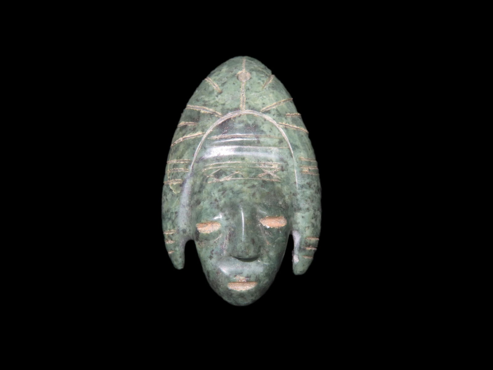 1 5/8" x 2 1/2" Pre-Columbian Jade Human Effigy Maskette Pendant, Motley COA, found in Guatemala, Ex (1 of 7)
