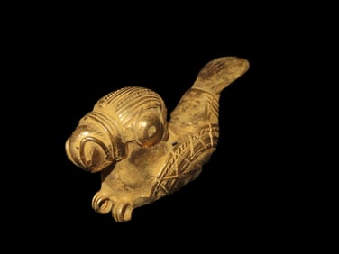 2 1/4" x 1 1/4" Pre Columbian Tairona Tumbaga Swimming Parrot Figurine Pendant Made From Gold/Copper