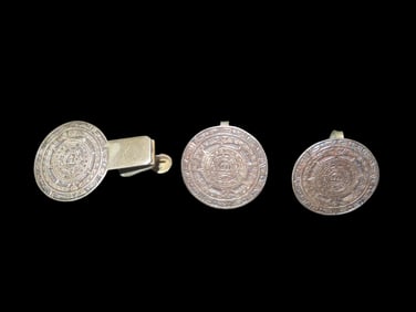 Vintage Silver Mayan Calendar Cufflink Set and Tie Tac Stamped Back