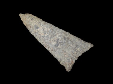 2 5/8" X 1 1/4" Grey Rhyolite Hardaway, Late Paleo 9500-8000 BP, found at The Beaver Site on the