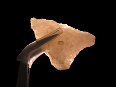 1 3/8" x 1" Late Paleo Crystal Quartz Alamance/Clovis, 12,000-10,000 BP, found at The Beaver Site on