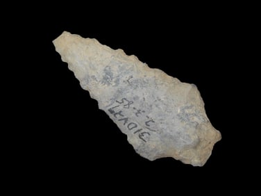 3 7/16" x 1 5/8" Mansion Pt, Grey Rhyolite, found at The Beaver Site on the Marvin Farm in