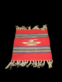 9 1/2" x 9 1/2" Native American Theme Hand Woven Textile, Features "Thunderbird" and Fringed