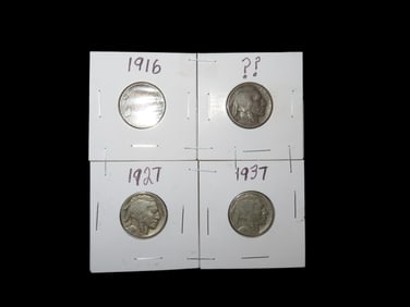 Nice Set Of 4 Well Displayed Buffalo Nickels Indian Head Early 1900's