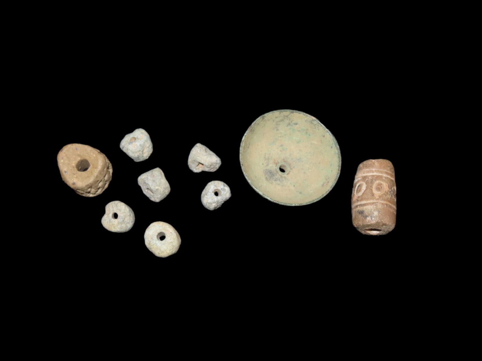 Pre-Columbian Beads & Copper Dish: Pre-Columbian Beads & Copper Dish