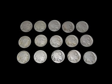 Lot of 15 Indian Head Buffalo Nickels, United States Early American Currency