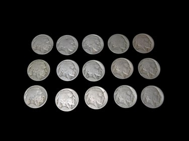 Lot of 15 Indian Head Buffalo Nickels, United States Early American Currency