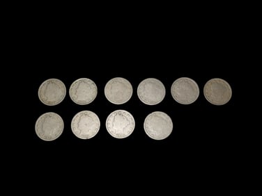 Lot of 10 Late 1800's to Early 1900's Silver "V" Nickels, US Currency