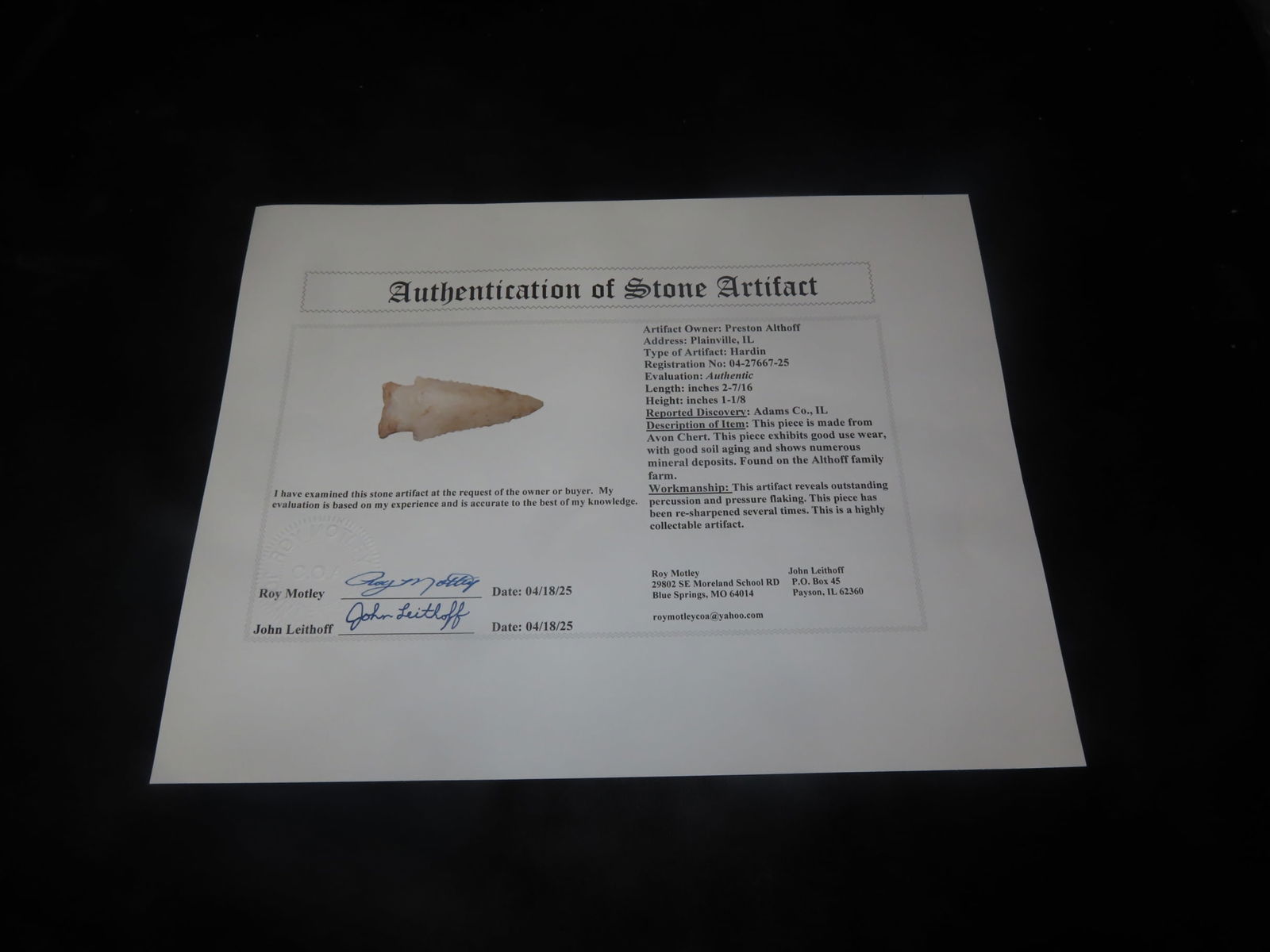 2 7/16" X 1 1/8" Hardin, Motley COA, Found in Adams County IL. - 8