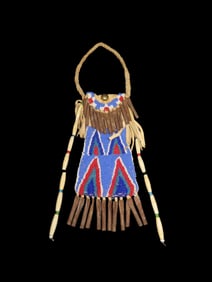 Hand Beaded Leather Bag with Metal Tinkler Fringe and Bone Tube Bead Decoration