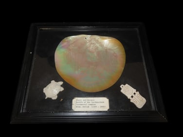 11 1/2" X 9 1/2" Frame of Shell Art Designs, Motifs of the Southeastern Ceremonial Complex Miss.