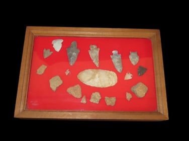 12" X 8" Frame of Various Arrowheads and Pottery Shards