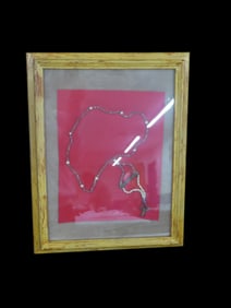 18 1/8" X 14 1/8" Frame Containing Necklace made of Hudson Bay Red Heart Beads with Bone Pendant,