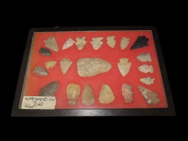 12 3/8" X 8 3/8" Frame of 22 Arrowheads From Wayne County Indiana
