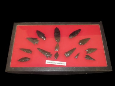 14 5/8" X 8" Frame of 14 Obsidian Arrowheads From Lake County California