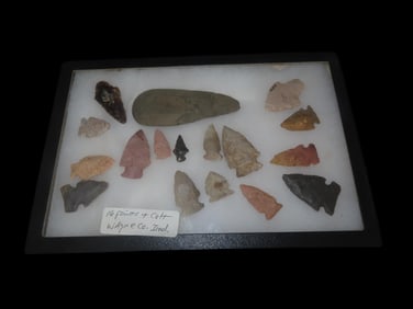 12 3/8" X 8 3/8"Frame of 16 Arrowheads and Celt Found in Wayne County Indiana