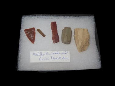 Micro Truncated Core, Blade and Arrowhead set, 5 piece, Jasper, Agate, Grey Chert. Neolithic, Gobi