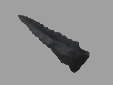 2 7/8"x15/10"x3/8" Rice Lobed Point,chert dull black,5,500B.P. Found At the Calf Creek cave Site,