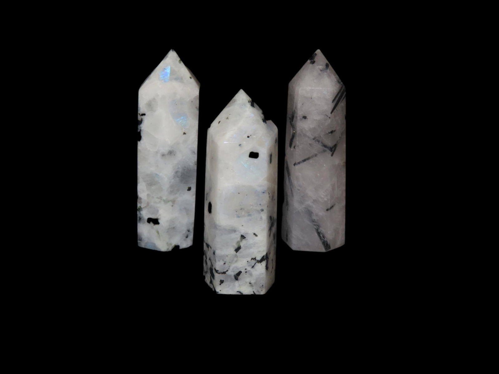 3, 2 7/8" Rainbow Moonstone Crystals Tower Points for Healing: 3, 2 7/8" Rainbow Moonstone Crystals Tower Points for Healing