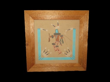 16" x 16" Navajo Sand Art of Kachina Dancer "The Yei-bi-Chei", signed Masquat With Deer track burned