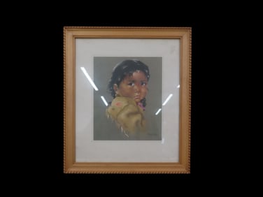 15"x 14" Vintage Dorothy Oxborough framed and matted lithograph of First Nations Child. Dorothy
