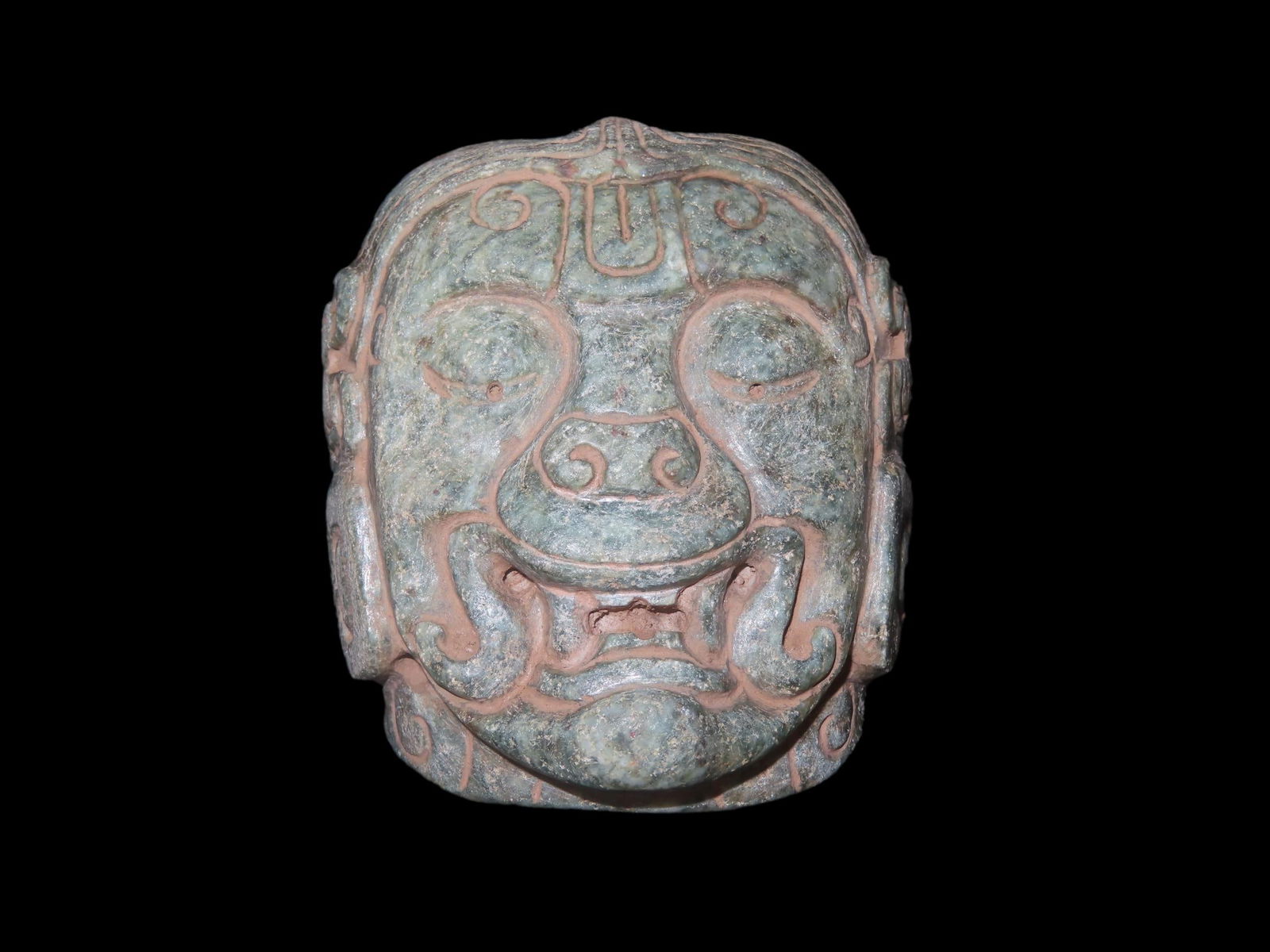 3 3/8" Olmec Jaguar Transformation Mask, Mexico, Motley COA, Beautiful Green Jadeite, Nice Polish: 3 3/8" Olmec Jaguar Transformation Mask, Mexico, Motley COA, Beautiful Green Jadeite, Nice Polish