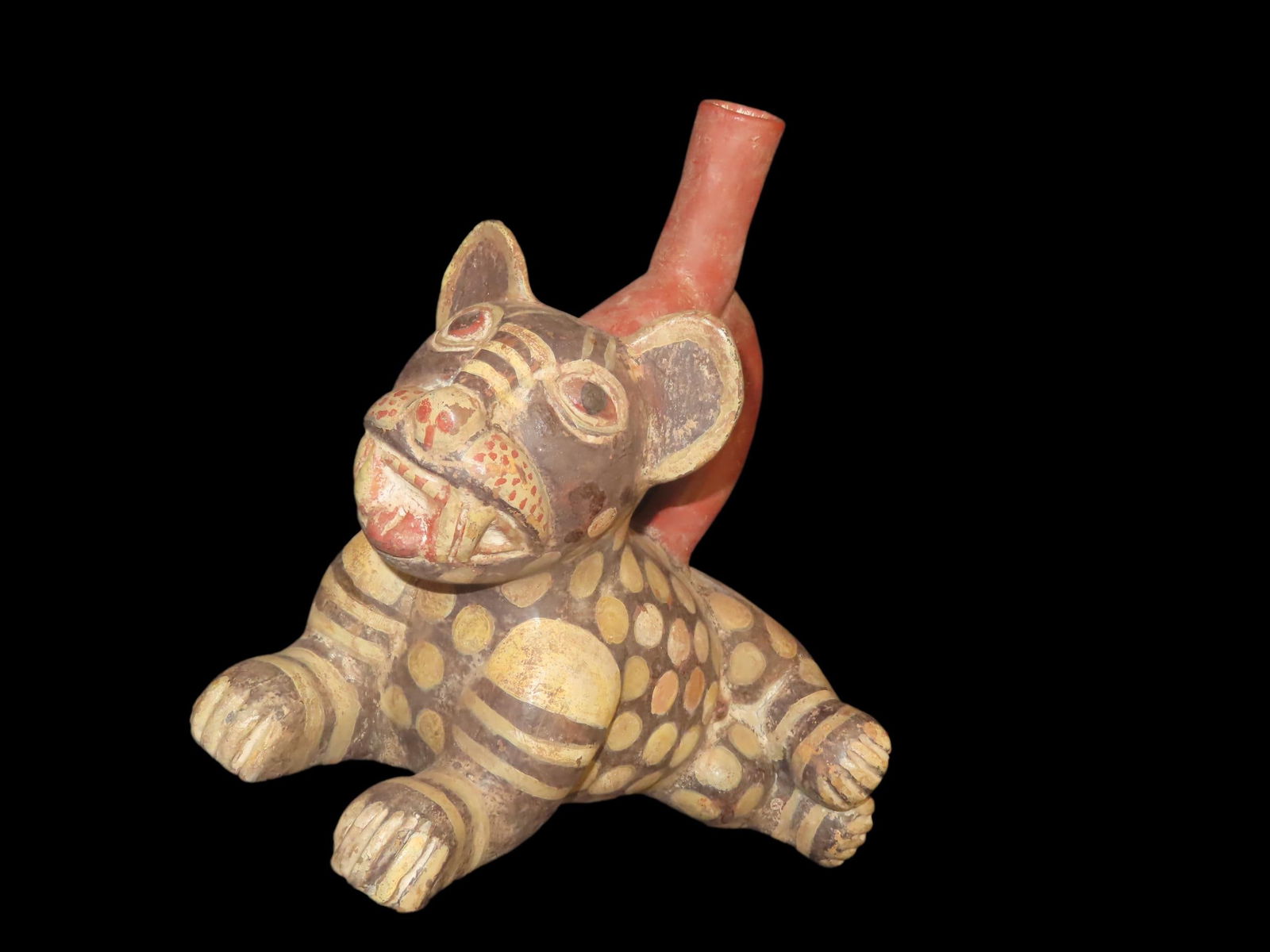 Pre-Columbian Moche Style Jaguar Effigy Stirrup Bottle, Solid, Peru, 9" Long, #RK-P58 (1 of 9)