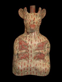 16" Tall Pre-Columbian Moche Style Deer Effigy Stirrup Bottle Holding Fawns in Arms, Broken & Glued,