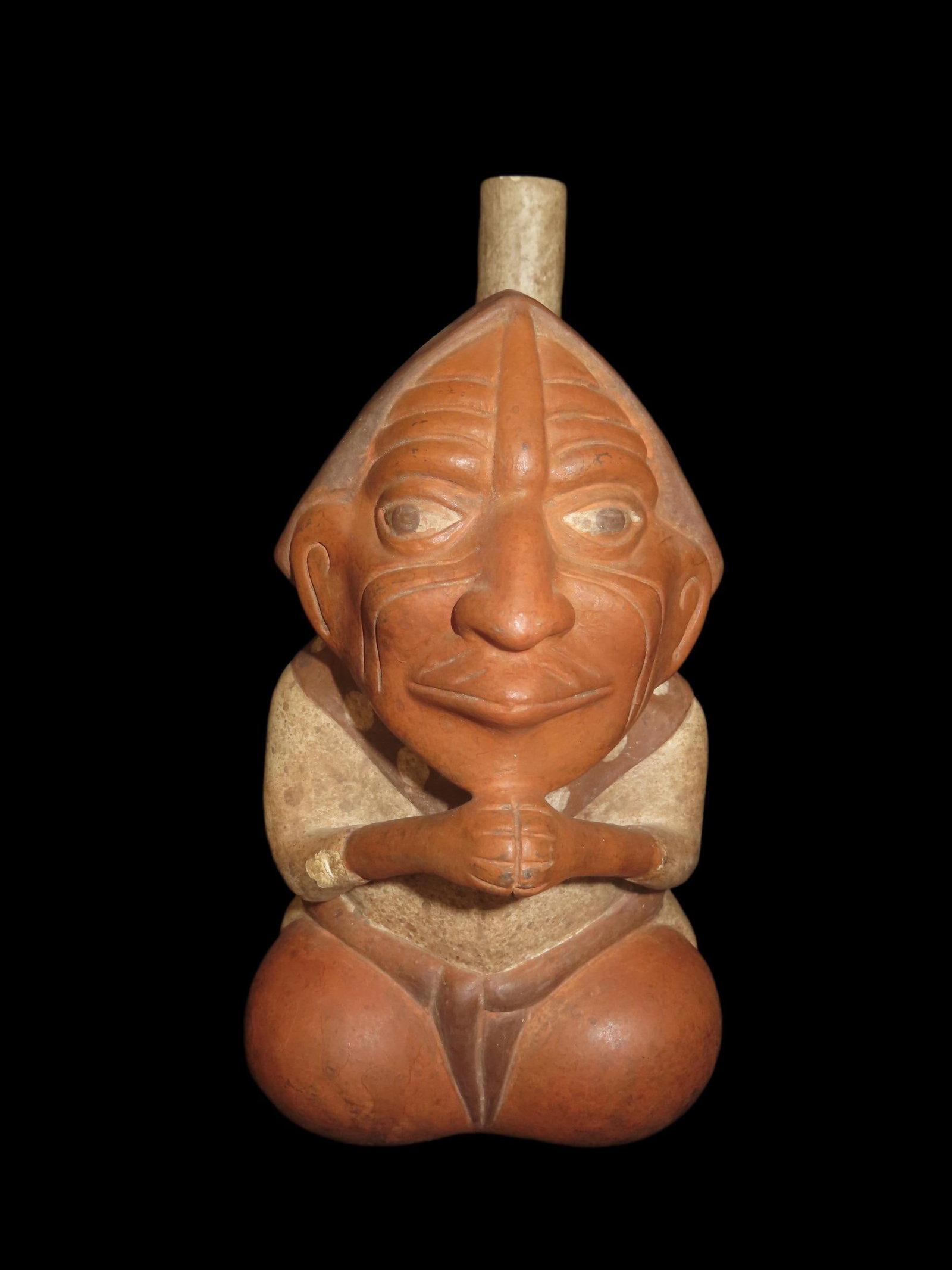 9 1/4" Tall Pre-Columbian Moche Style Human Effigy Stirrup Bottle, Solid, Peru, #RK-P88: 9 1/4" Tall Pre-Columbian Moche Style Human Effigy Stirrup Bottle, Solid, Peru, #RK-P88