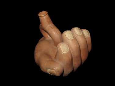 7 1/2" Pre-Columbian Moche Style Human Hand Effigy Stirrup Bottle, Solid, Peru, #RK-P34
