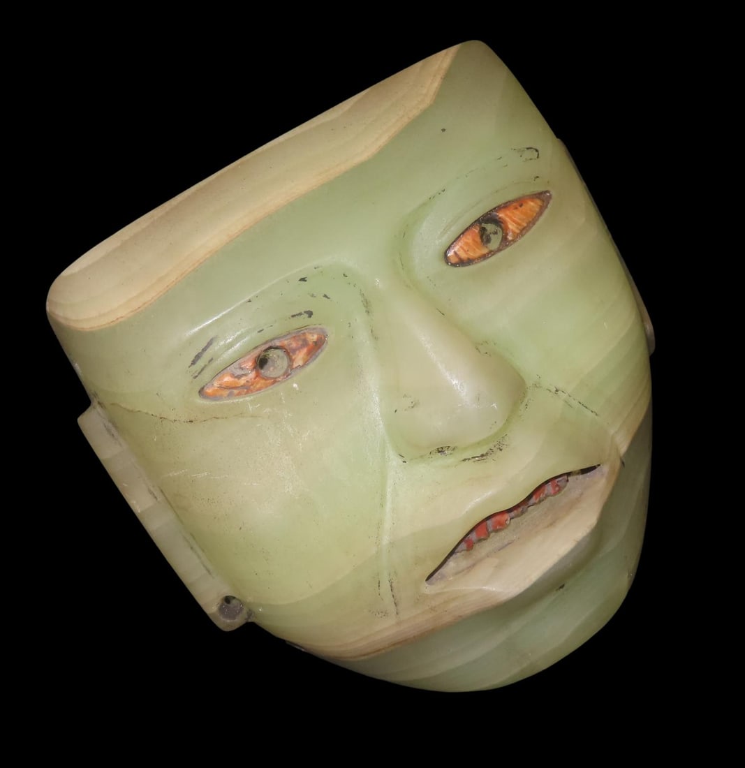 5 1/2" Pre-Columbian Jadeite Mask, Mexico, Motley COA, Shell Inlaid Eyes & Teeth, Translucent, Great: 5 1/2" Pre-Columbian Jadeite Mask, Mexico, Motley COA, Shell Inlaid Eyes & Teeth, Translucent, Great Relic