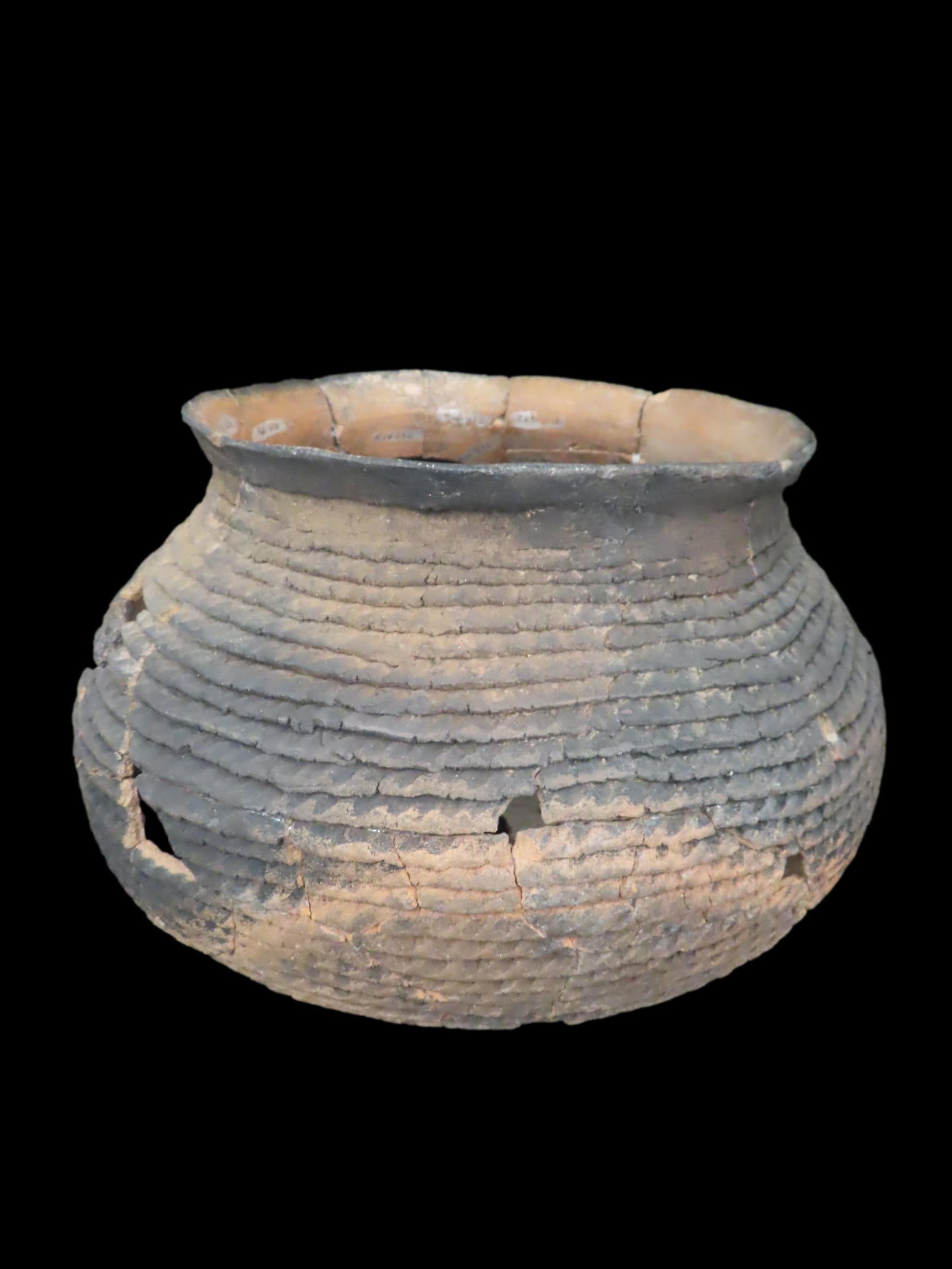 Huge 12 1/2" Wide Anasazi Corrugated Olla, Found in 1963, Arizona, Pieced Together from Numerous: Huge 12 1/2" Wide Anasazi Corrugated Olla, Found in 1963, Arizona, Pieced Together from Numerous Pieces, #RK-P70
