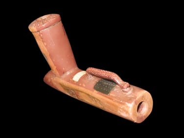 7 3/8" Catlinite Effigy Inlaid T-Pipe, Historic, Early 1900's Example, Numerous Intricate Shell &