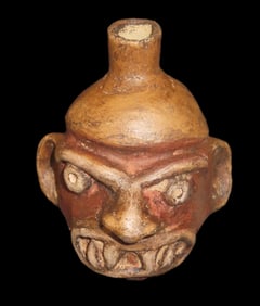 Miniature 3 3/4" Pre-Columbian Moche Style Head Pot / Poison Bottle, Solid, Peru, #RK-P13