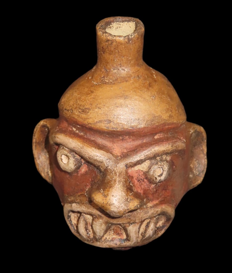 Miniature 3 3/4" Pre-Columbian Moche Style Head Pot / Poison Bottle, Solid, Peru, #RK-P13 (1 of 8)