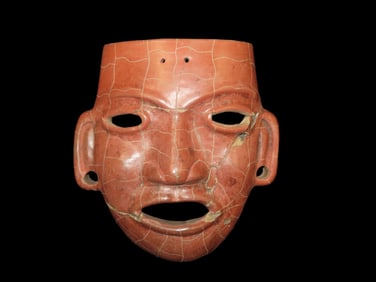 9 1/4" Pre-Columbian Human Effigy Mask, Mexico, Motley COA, Made from Pottery, Broken & Glued but