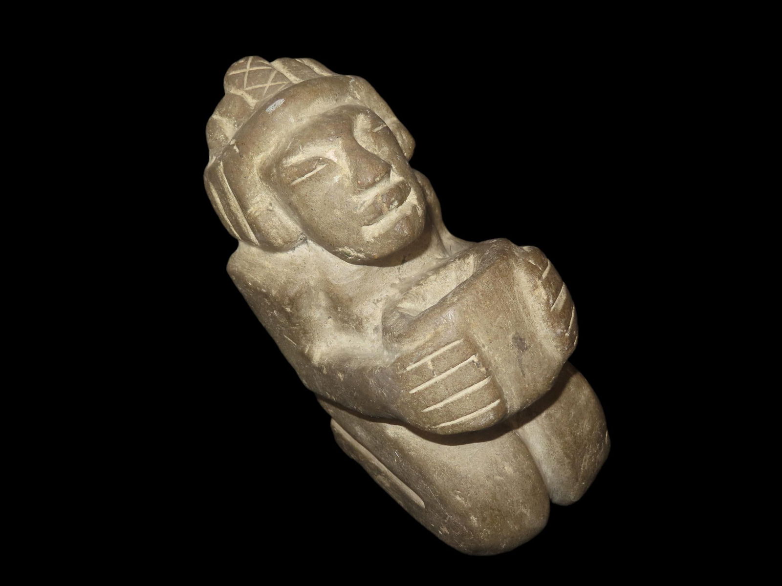 7 1/2" Olmec Human Effigy Statue, Mexico, Motley COA, Greenstone Figure Holding an Offering Vessel (1 of 9)