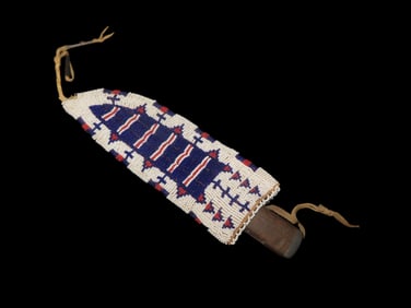 Old Beaded Knife & Sheath, Nice Pewter Inlaid Knife Handle