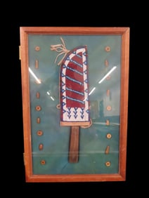 18" x 12" Wooden Frame with Vintage Beaded Knife Sheath & Knife Surrounded by Historic Bone Beads