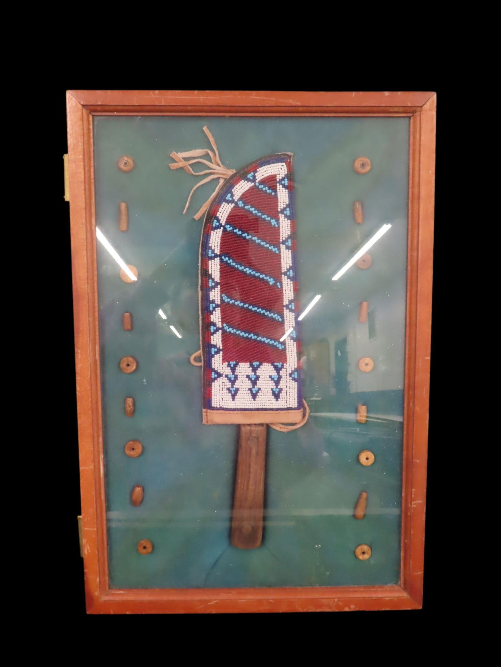 18" x 12" Wooden Frame with Vintage Beaded Knife Sheath & Knife Surrounded by Historic Bone Beads: 18" x 12" Wooden Frame with Vintage Beaded Knife Sheath & Knife Surrounded by Historic Bone Beads