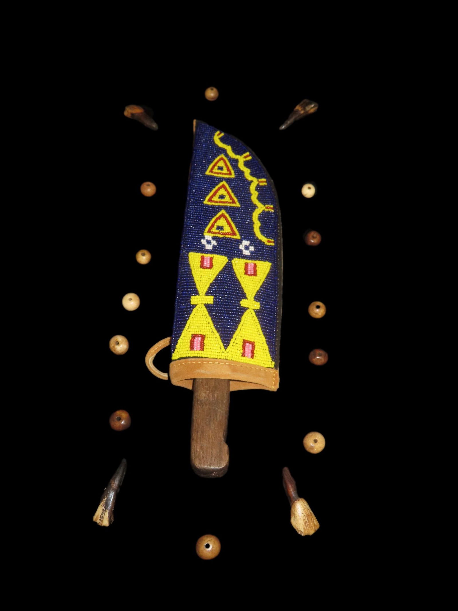21" x 11" Wooden Frame with Vintage Beaded Knife Sheath & Knife Surrounded by Historic Bone Beads: 21" x 11" Wooden Frame with Vintage Beaded Knife Sheath & Knife Surrounded by Historic Bone Beads