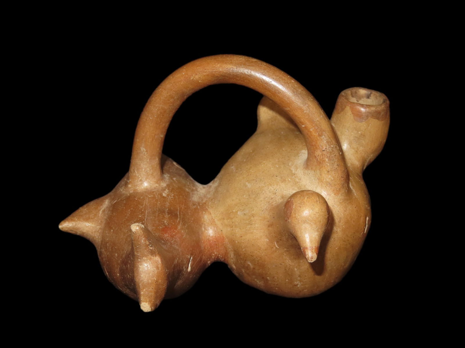 6 1/2" Pre-Columbian Moche Style Dual Animal Effigy Stirrup Bottle ( Fish & Bird ), Solid, Peru, (1 of 6)