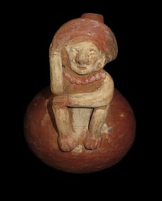 5 3/4" Pre-Columbian Moche Style Seated Human Effigy Stirrup Bottle, Solid, Peru, #RK-P64