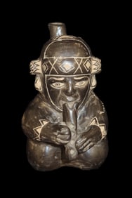 5 1/4" Pre-Columbian Moche Style Human Effigy Stirrup Bottle, Solid, Peru, #RK-P48