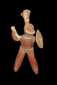 14 3/4" Pre-Columbian Nayarit Style Human Effigy Warrior Figure, Glued at Neck & Shield, Mexico,