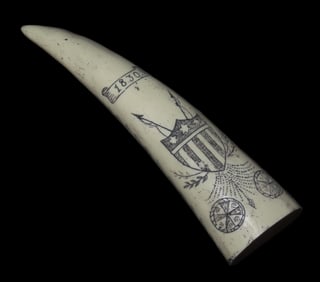 5 1/2" Vintage Scrimshaw Walrus Tusk Carving, Reproduction, Intricate Design
