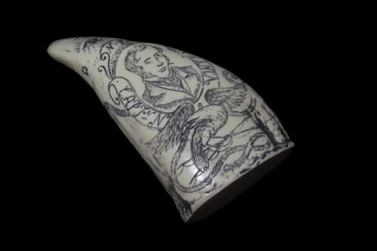 Vintage Scrimshaw Walrus Tooth Carving, Reproduction, Intricate Design